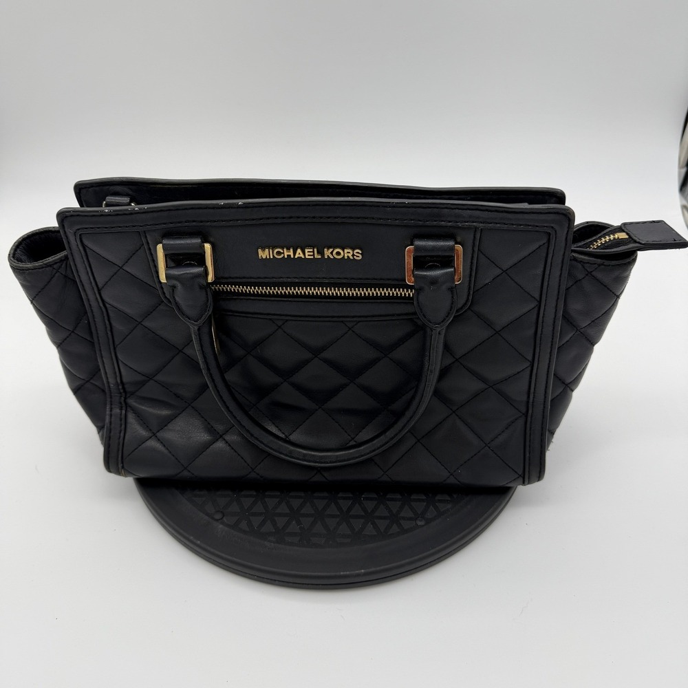 Michael Kors Selma Quilted Leather Satchel Bag Black Gold Hardware Handbag